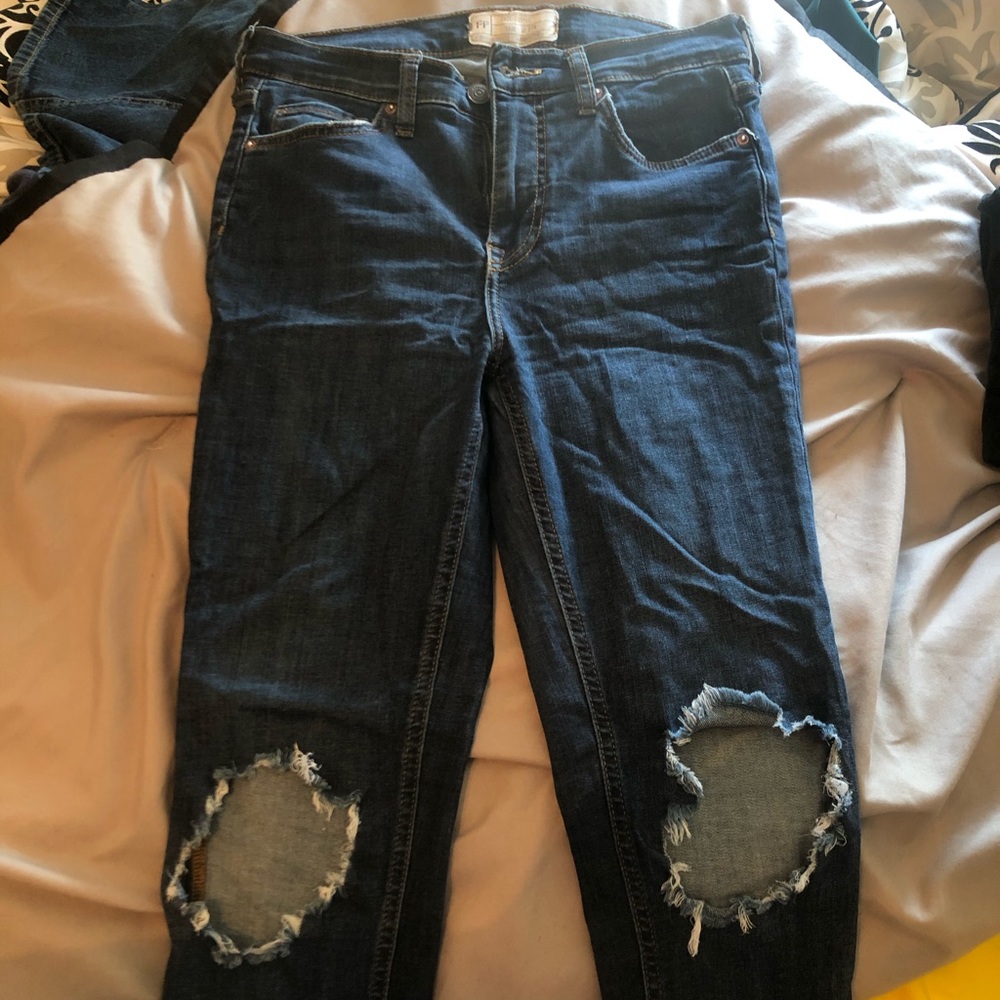 Free People Blue High Rise Cut-Out Knee Jeans